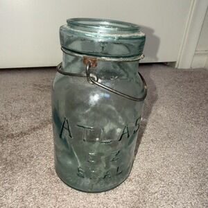 Antique  ATLAS E-Z Seal Aqua Glass Quart Mason Jar - Wire bale